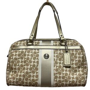 EUC Coach Chelsea Heritage Stripe Signature satchel handbag in beige and white